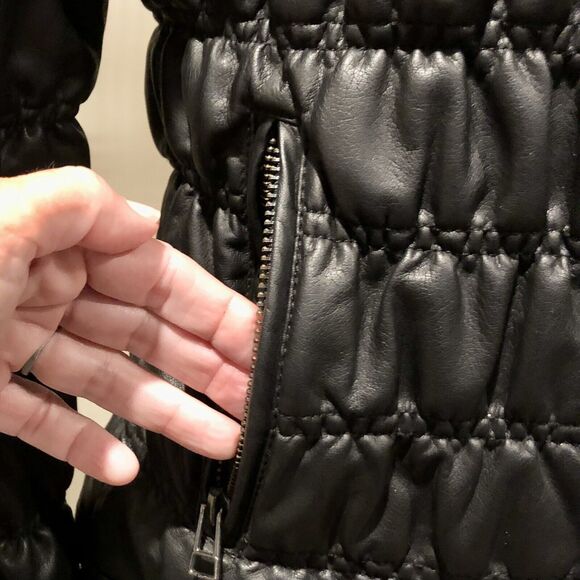 Katherine Barclay Faux Leather Coat Small Black Puffer Stretch Funnel Neck - Picture 7 of 14